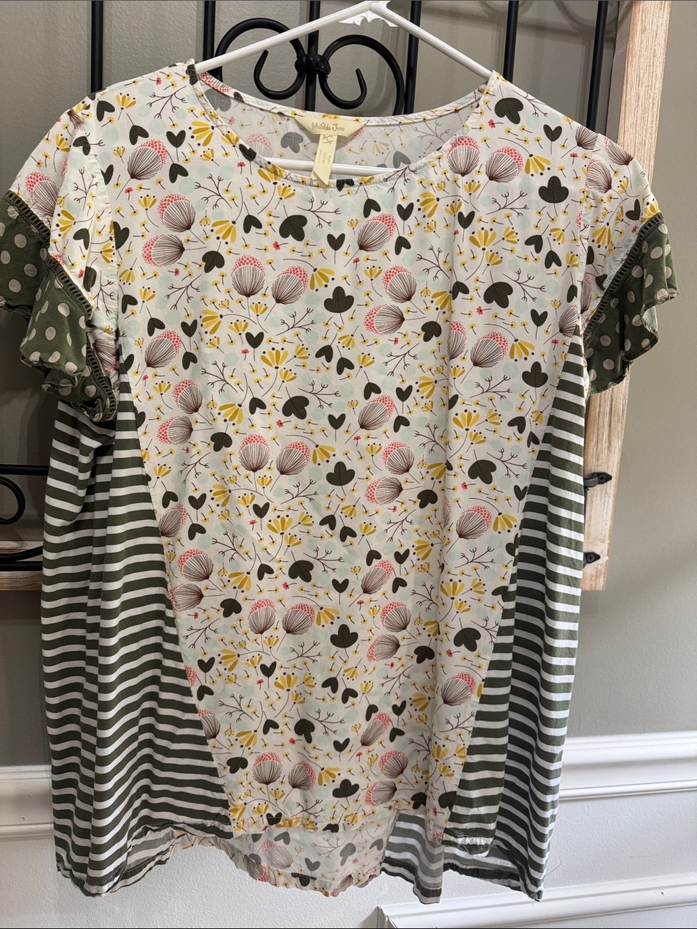 Matilda Jane White Floral & Olive Green Stripe Short Sleeve Top large